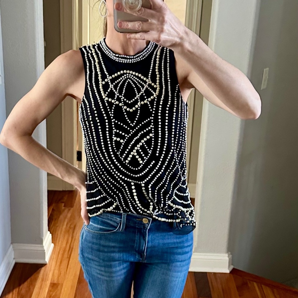 Anthropologie-- Moulinette Soeurs Pearl and Black Mesh Sleeveless blouse